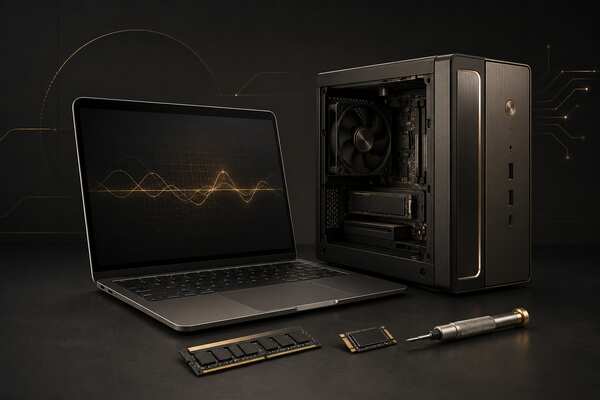 Notebook, PC-Tower und Werkzeuge für den Hardware-Service