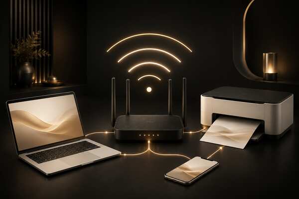 Notebook, Router, Drucker und Smartphone in einem WLAN-Netzwerk